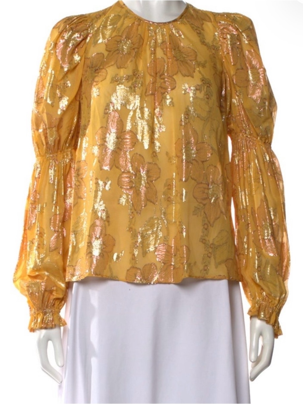 Ulla Johnson Yellow Metallic Floral Balloon-Silk Sleeve Blouse